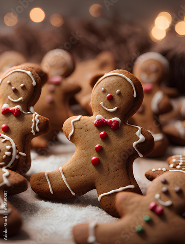 Christmas homemade gingerbread cookies on holiday defocused background. Commercial promotional photo