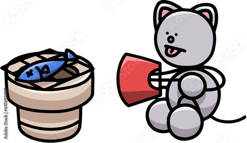 七輪で魚を焼くにゃんまるのイラスト　猫
