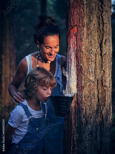 Mother with son looking at resin on tree