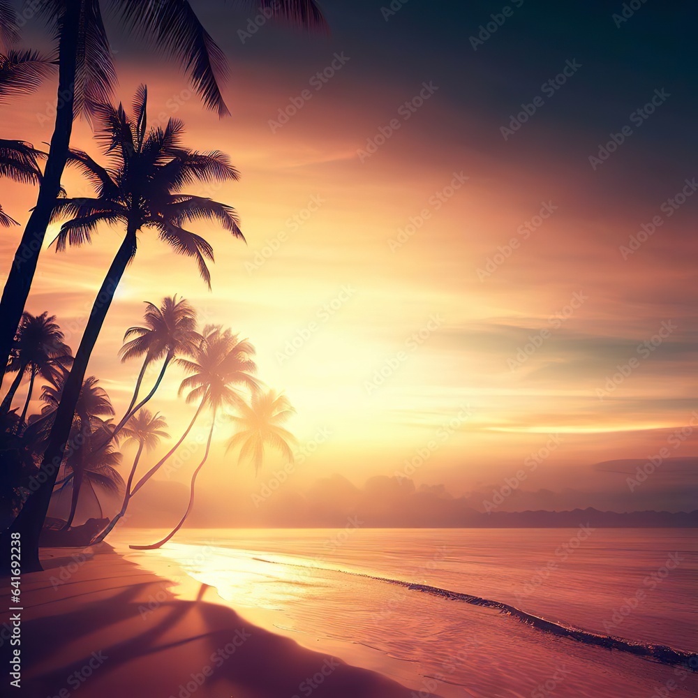 A beach at sunset with palm trees and a sunset in the background