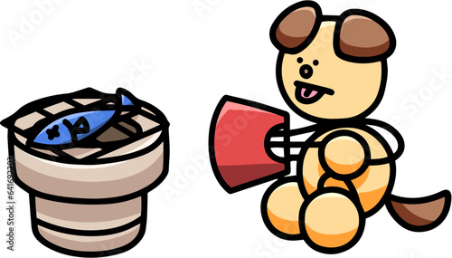 七輪で魚を焼くわんまるのイラスト　犬
