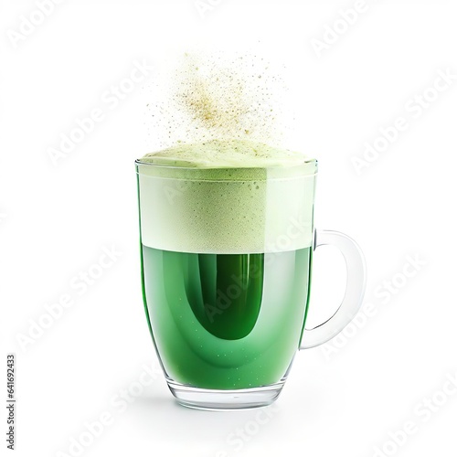 Frothy Green Elixir Glass of Matcha Latte with Dusting of Powder on white background