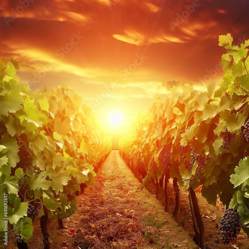 Sunset over vineyard ripe grapes in rows