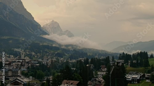 Aerial establishing shot of italian village town Cortina d'Ampezzo Unesco National Park beautiful epic mountain destination. Travel exploring Alps Dolomites Italy nature outdoor photo