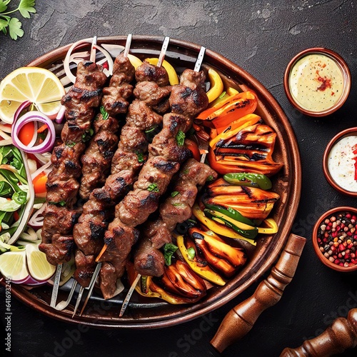 Kebab traditional middle eastern arabic or mediterranean meat kebab with vegetables and herbs top view