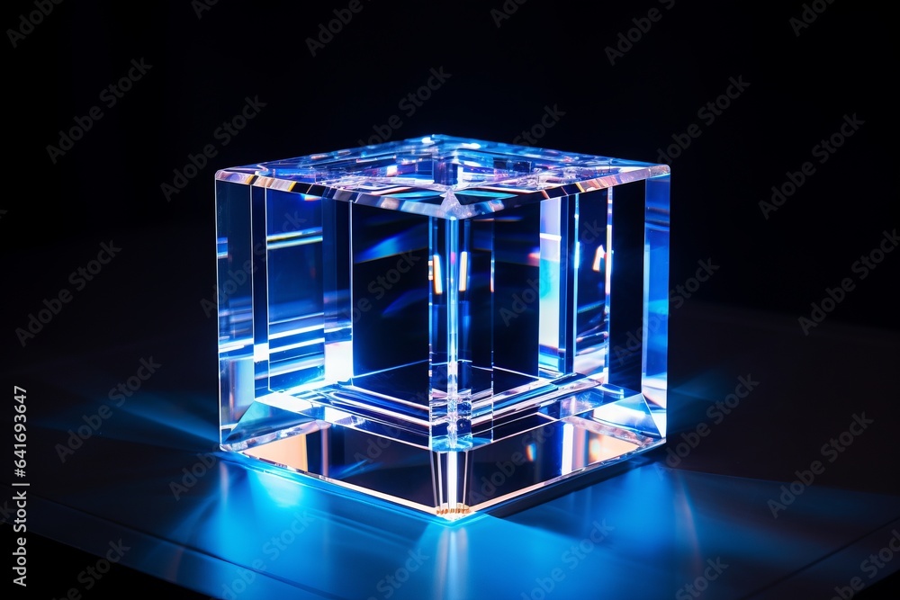 3d crystal glass cube with refraction and holograph