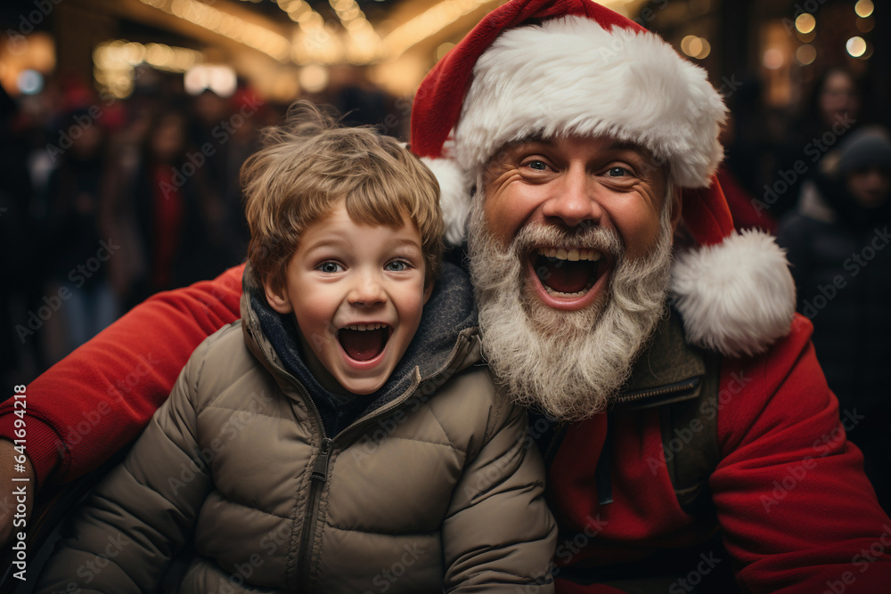 Happy little boy laughing with Santa Claus at christmas day - Generative AI Happy little boy laughing with Santa Claus at christmas day - Generative AI