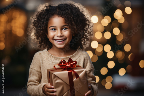 Beautiful little black girl holding christmas gift at home - Generative AI © Davide Angelini