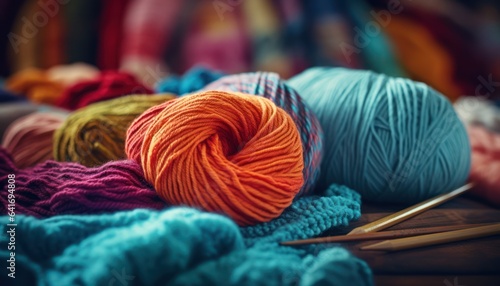 Photo of a colorful close-up of knitting needles and yarn photo