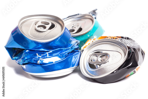 Empty crumpled cans from energy drink or beer