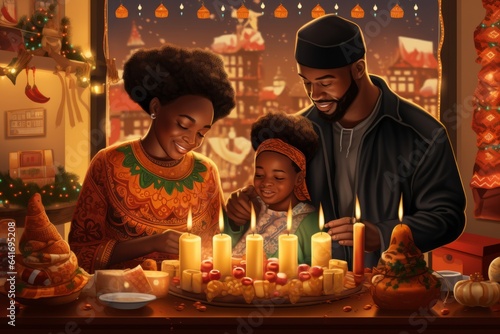 Kwanzaa poster holiday. Family with candles. Illustration
