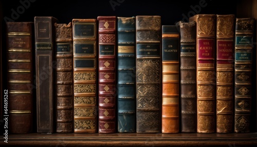 Photo of a row of books on a wooden shelf