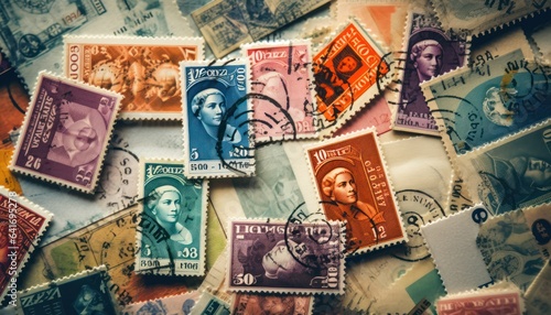 Photo of a colorful collection of stamps spread out on a table