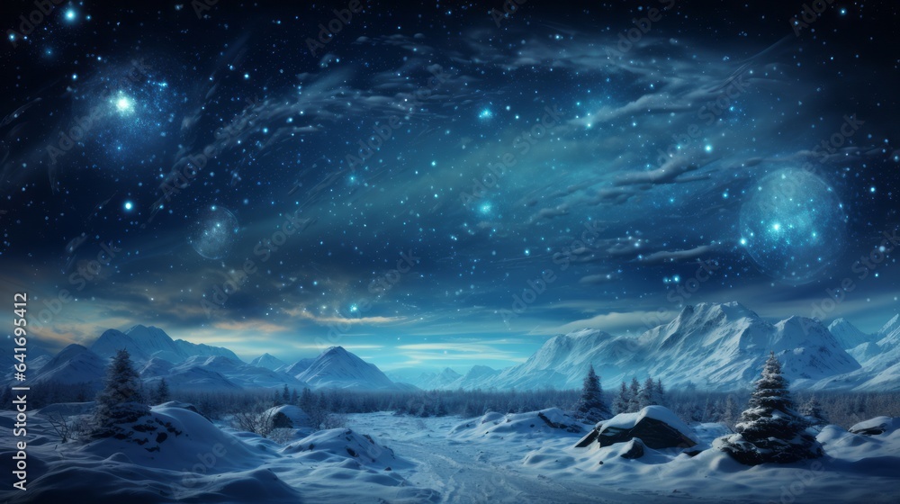 SERENE WINTER NIGHT: TRANQUIL FOREST LANDSCAPE WITH SNOWFLAKES, FROZEN TREES, AND STARLIT SKY