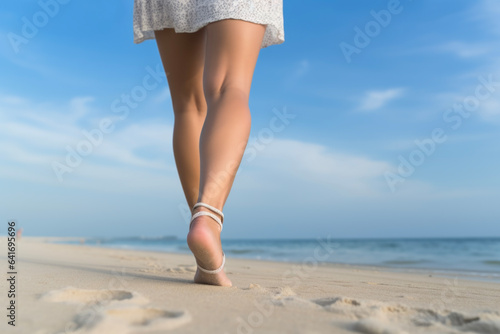 Close-up of a young woman's feet walking happily on the sandy beach against a beautiful blue sky. Lifestyle concept suitable for vacations and holidays.