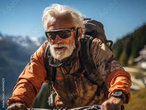 senior riding bike on the mountain