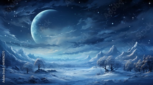 SERENE WINTER NIGHT  TRANQUIL FOREST LANDSCAPE WITH SNOWFLAKES  FROZEN TREES  AND STARLIT SKY