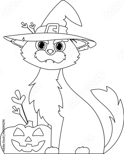 A beautiful cat with a witch's hat is sitting on a pumpkin, waiting calmly for Halloween.Linear style.