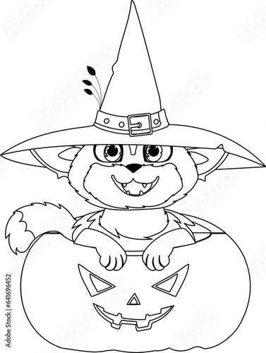 A pretty cat wearing a witch's hat is sitting on a pumpkin and patiently waiting for Halloween.Linear style.