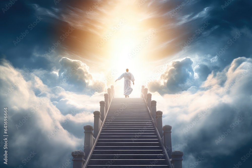Jesus ascending the podium of the staircase leading to the celestial heavens against the backdrop of bright cloud-filled skies.