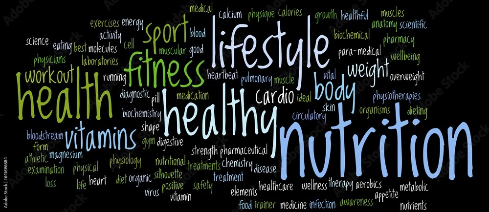 Visual Word Cloud Focused on Health and Nutrition: A Comprehensive Guide to Wellness Themes for Industry Promotions