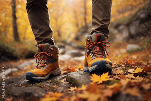 秋のトレッキング 登山する足元