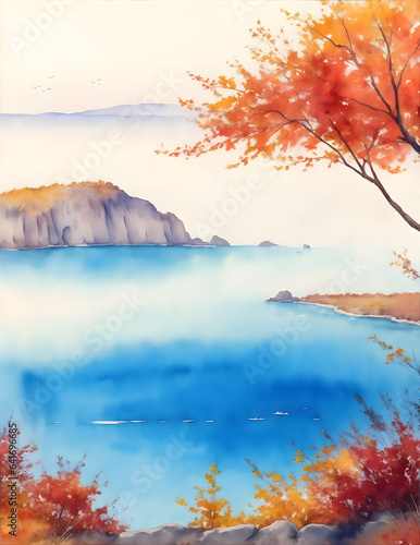 Autumn watercolor sea view 