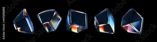 3d crystal glass cubes with refraction and holographic effect isolated on black background. Render transparent glass rotate box with overlay dispersion light, rainbow gradient. 3d vector illustration