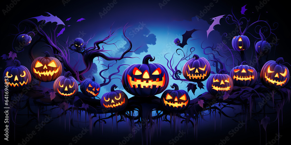 cartoon illustration of Jack o lantern pumpkins in a scary dark foggy forest, Halloween concept cartoon illustration of Jack o lantern pumpkins in a scary dark foggy forest, Halloween concept