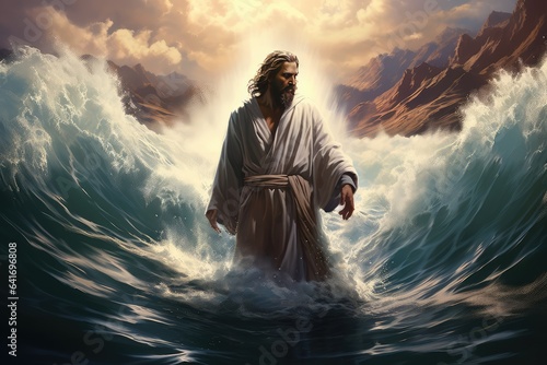 Jesus Christ walking on the waters of the sea.