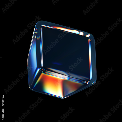 3d crystal glass cube with refraction and holographic effect isolated on black background. Render transparent glass rotate box with overlay dispersion light, rainbow gradient. 3d vector illustration
