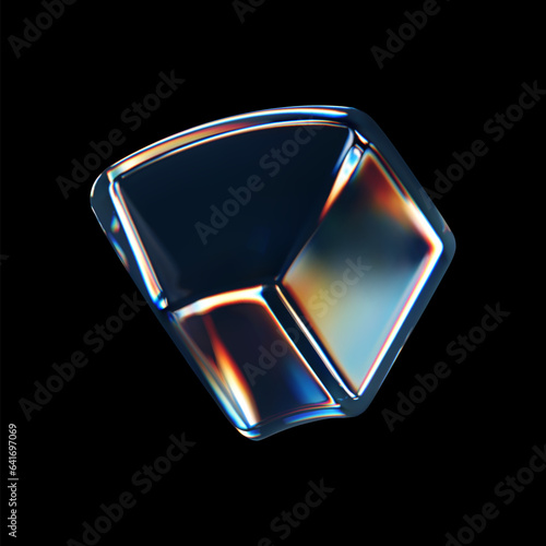 3d crystal glass cube with refraction and holographic effect isolated on black background. Render transparent glass rotate box with overlay dispersion light, rainbow gradient. 3d vector illustration