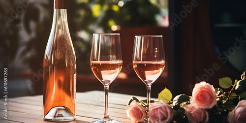 Cold rose wine in bottle and glass on table. rose wine assortmet.