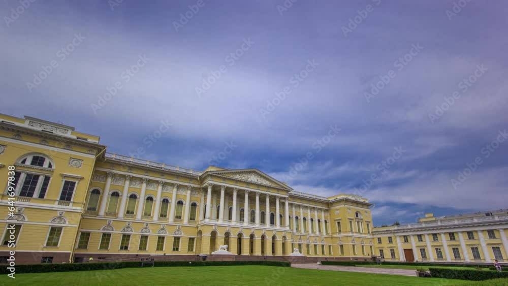 The State Russian Museum Hyperlapse - Showcasing the World's Largest Collection of Russian Art. Captured under a Blue Cloudy Sky with a Lush Green Lawn. St. Petersburg, Russia. The State Russian Museum Hyperlapse - Showcasing the World's Largest Collection of Russian Art. Captured under a Blue Cloudy Sky with a Lush Green Lawn. St. Petersburg, Russia.