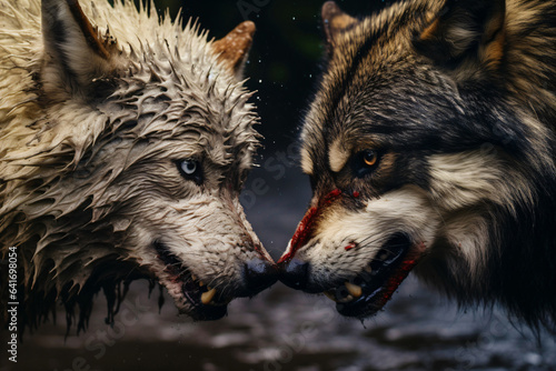 two wolves face each other, aggressive mood of a turf war to make the hierarchy clear
