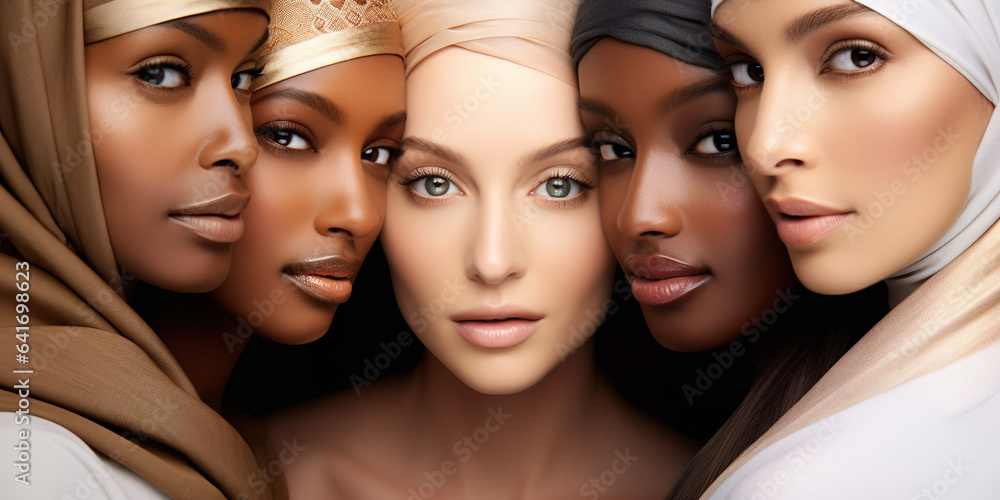 A close-up capturing a diverse group of women, each representing unity in diversity through their unique skin colors. Unity in Diversity. Diverse Skin Tones.