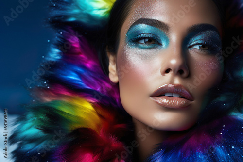 A performer with creative winter makeup, captivating the stage with colorful and vibrant details. Captivating Winter Performance. Creative Makeup.