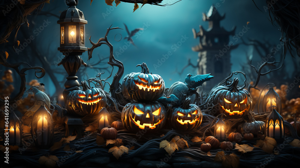 Jack o lantern pumpkins and candles in a scary foggy forest, Halloween concept - obrazy, fototapety, plakaty 