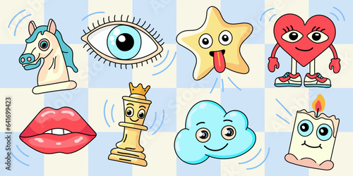 set of y2k cartoon cute character on checkered background with groovy hippie chess piece knight horse king heart star cloud candle and eye lips sticker collection for trendy design