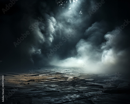 Dark studio background with smoke above the ground.