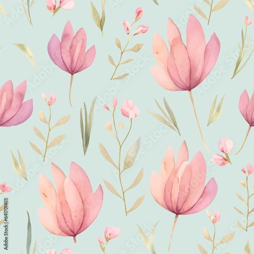 Seamless botanical floral pattern with pink flowers on blue