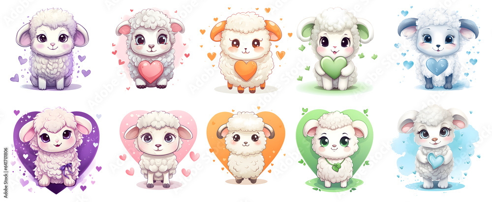 set of funny cartoon cute lambs with hearts on transparent background, generated ai set of funny cartoon cute lambs with hearts on transparent background, generated ai