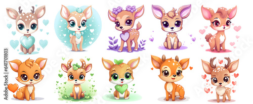 set of funny cartoon cute fawn with hearts on transparent background, generated ai