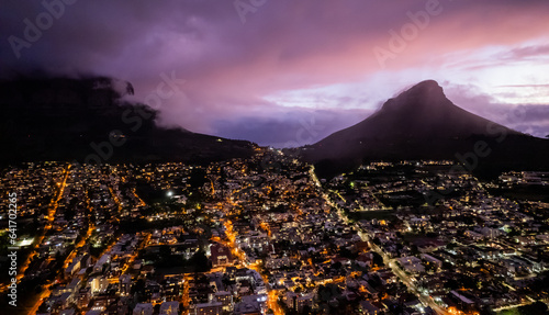 Aerial view of Cape Town city centre at sunset in Western Cape, South Africa