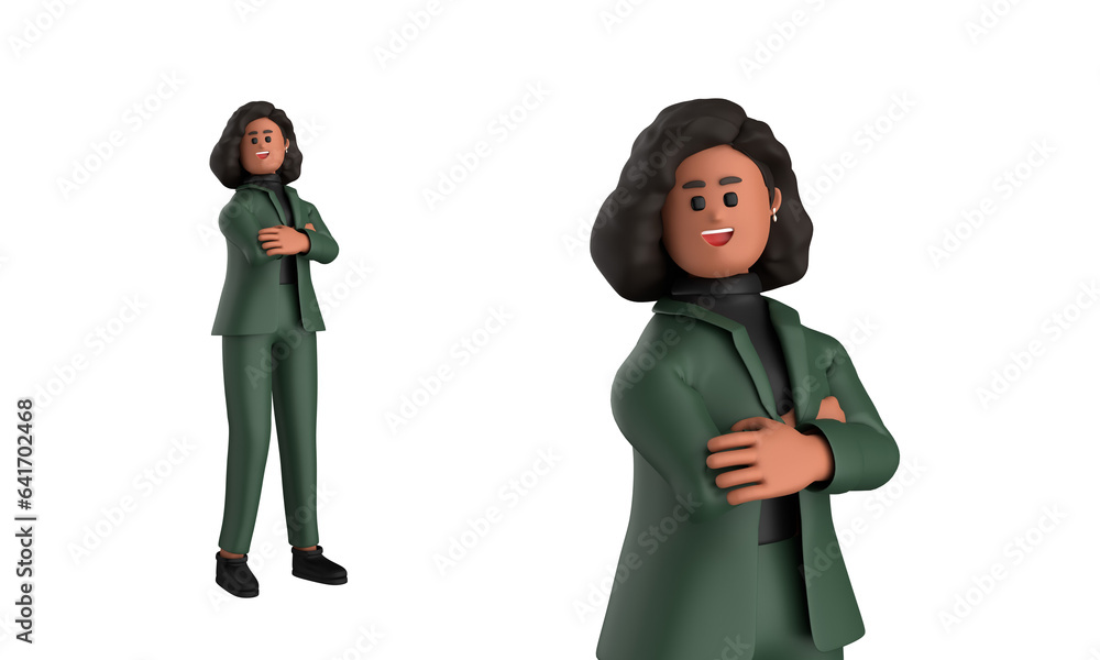 3d black business woman executive wearing a green suit pose standing with laptop, tablet, mobile phone, megaphone isolated on transparent background, 3d rendering