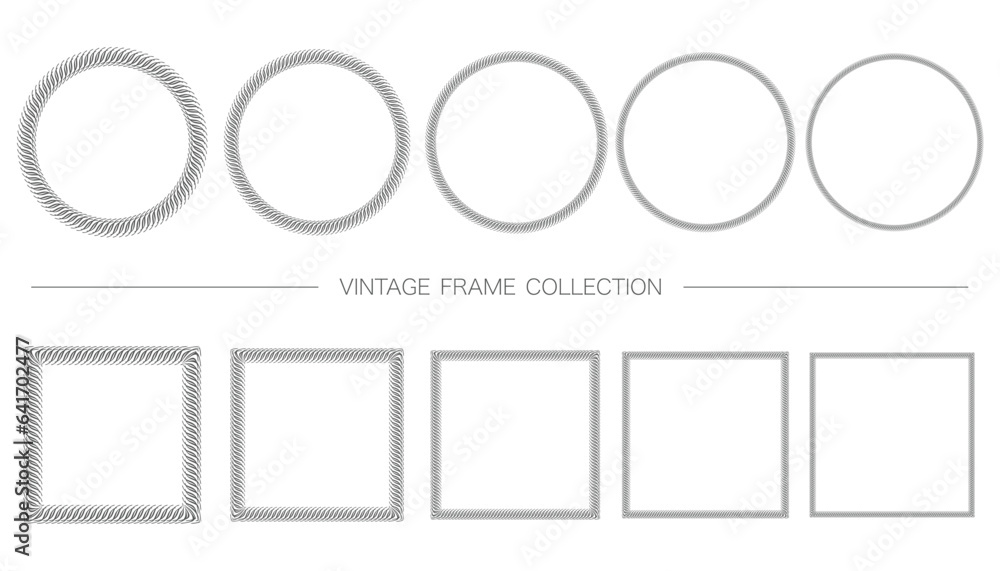 Round And Square Decorative Vintage Frame Set Isolated On A White Background. Vector Illustration. 