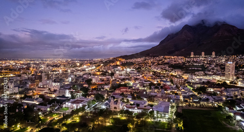 Aerial view of Cape Town city centre at sunset in Western Cape, South Africa © pierrick