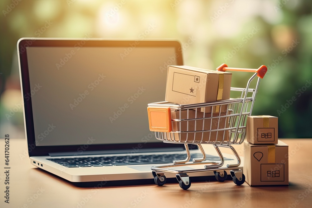 Online Shopping Concept with Store Shop and Laptop Computer Screen Showing Web Store Shop. Shopping Cart Loaded with Product Boxes and Shopping Bag for Sale and Delivery
