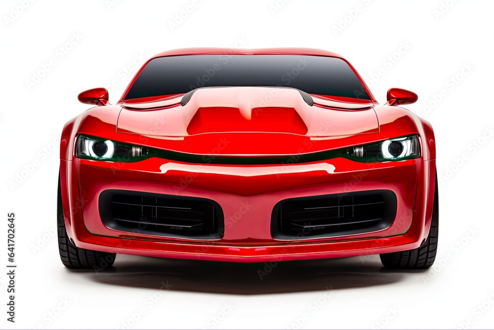 Sport Car Front View. Accelerating Red American Auto, with Detailed Design and Elite Beauty, Isolated on White Background