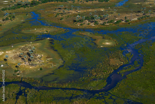 Africa aerial landscape, green river, Okavango delta in Botswana. Lakes and rivers, view from airplane. Forest. vegetation in South Africa. Trees with water in rainy wet season. Travel in Botswana.